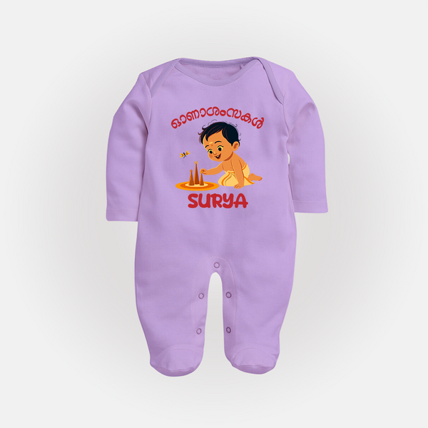 Onam Wishes - Little One's First Onam Sleep Suit | Personalized Baby Sleep Suit for the Onam Festival - LILAC - New Born (Chest 7.5")