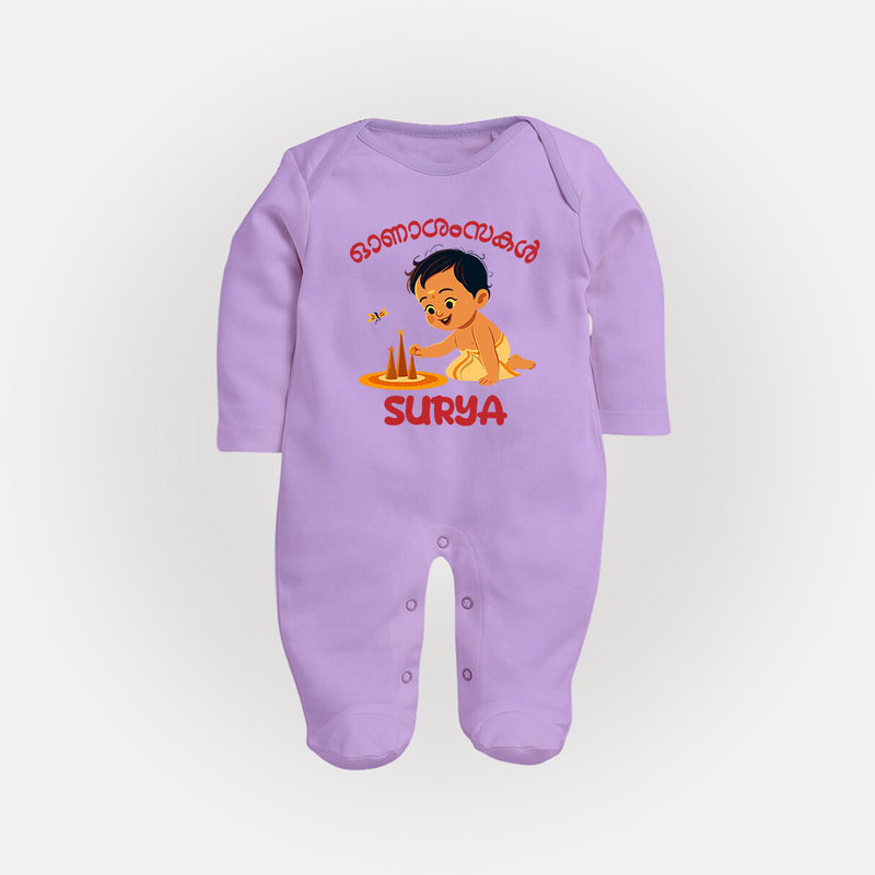 Onam Wishes - Little One's First Onam Sleep Suit | Personalized Baby Sleep Suit for the Onam Festival - LILAC - New Born (Chest 7.5")