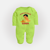 Onam Wishes - Little One's First Onam Sleep Suit | Personalized Baby Sleep Suit for the Onam Festival - LIME GREEN - New Born (Chest 7.5")