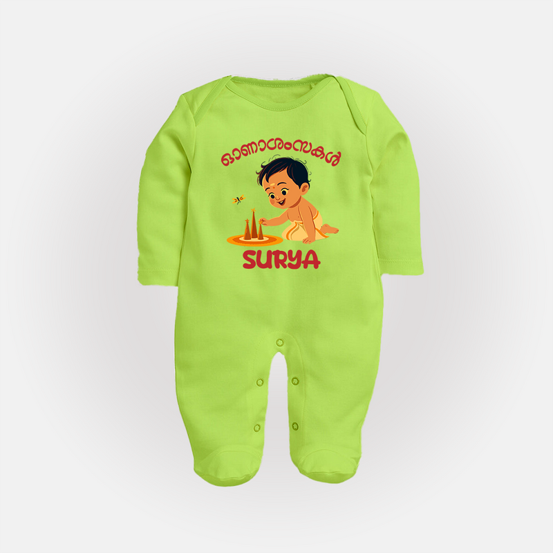 Onam Wishes - Little One's First Onam Sleep Suit | Personalized Baby Sleep Suit for the Onam Festival - LIME GREEN - New Born (Chest 7.5")