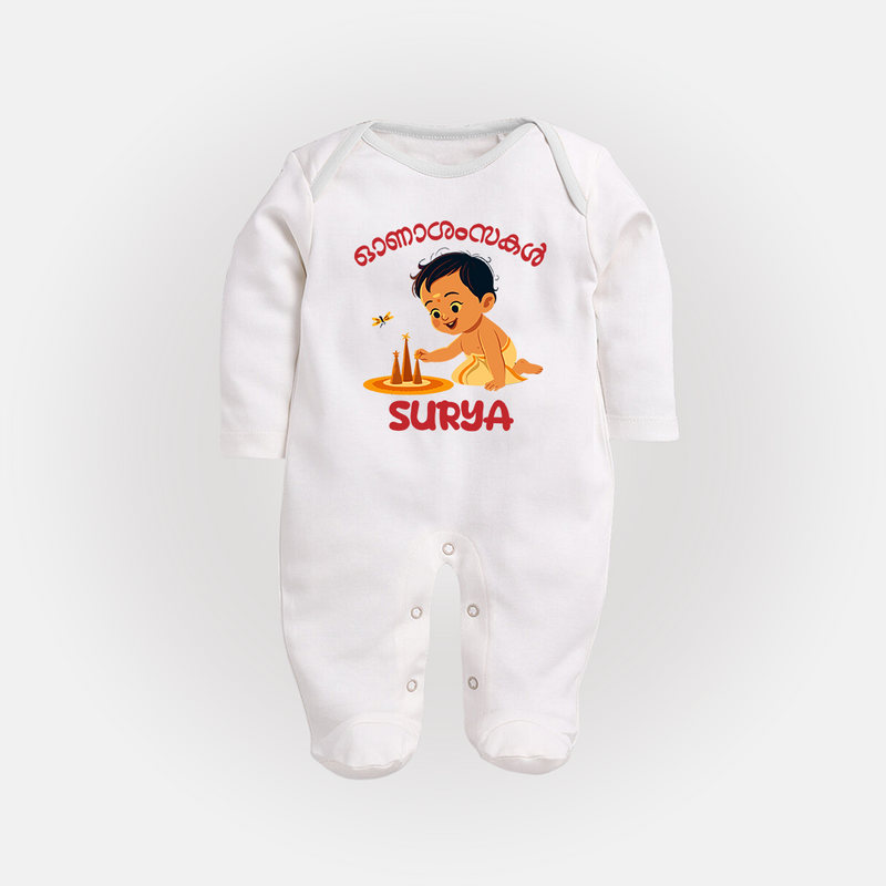 Onam Wishes - Little One's First Onam Sleep Suit | Personalized Baby Sleep Suit for the Onam Festival - WHITE - New Born (Chest 7.5")