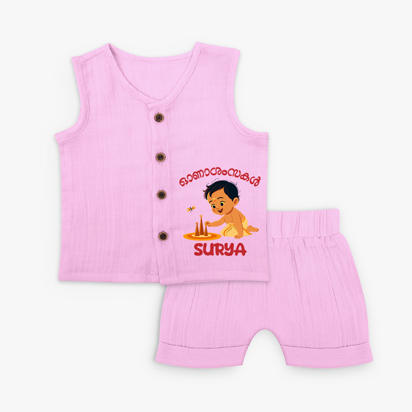 Onam Wishes - Little One's First Onam Jabla Set | Personalized Baby Jabla Set for the Onam Festival - BABY PINK - 0 - 3 Months Old (Chest 9.8")