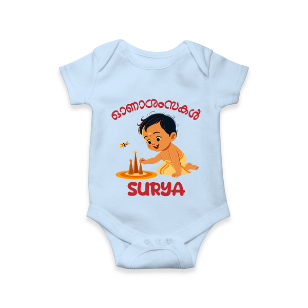 Onam Wishes - Little One's First Onam Romper / Onesie | Personalized Baby Romper / Onesie for the Onam Festival - BABY BLUE - New Born (Chest 14")