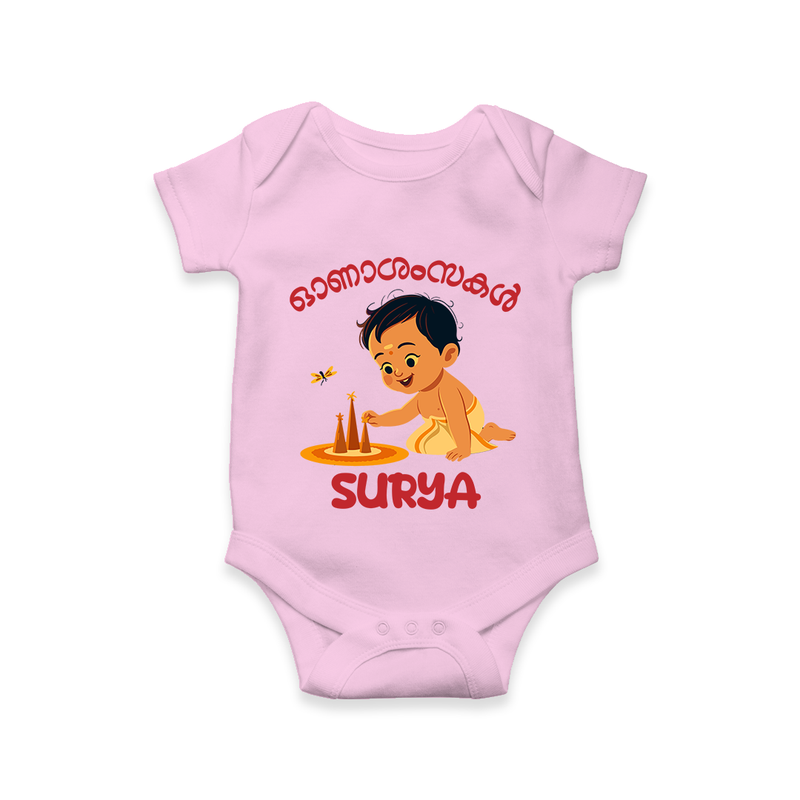 Onam Wishes - Little One's First Onam Romper / Onesie | Personalized Baby Romper / Onesie for the Onam Festival - BABY PINK - New Born (Chest 14")