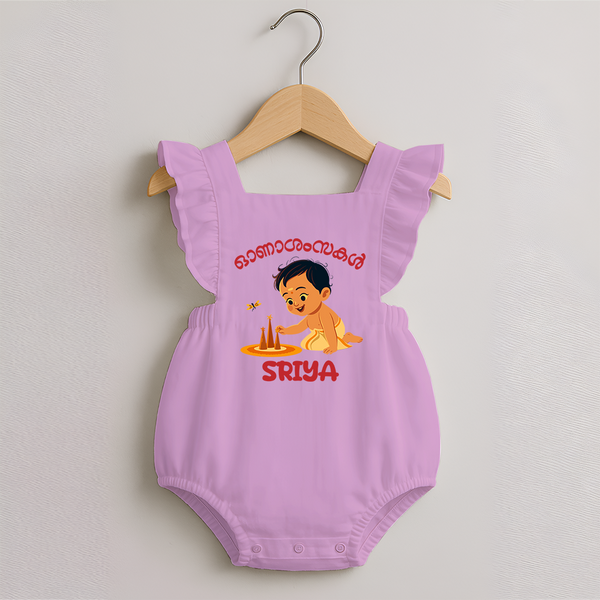 Onam Wishes - Little One's First Onam Romper Frock | Personalized Baby Romper Frock for the Onam Festival - BABY PINK - 0 - 3 Months Old (Chest 19")