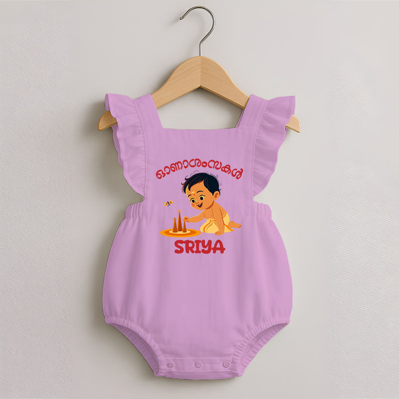 Onam Wishes - Little One's First Onam Romper Frock | Personalized Baby Romper Frock for the Onam Festival - BABY PINK - 0 - 3 Months Old (Chest 19")