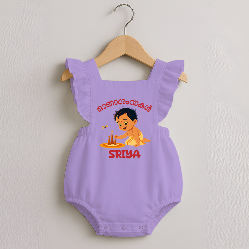 Onam Wishes - Little One's First Onam Romper Frock | Personalized Baby Romper Frock for the Onam Festival - LILAC - 0 - 3 Months Old (Chest 19")
