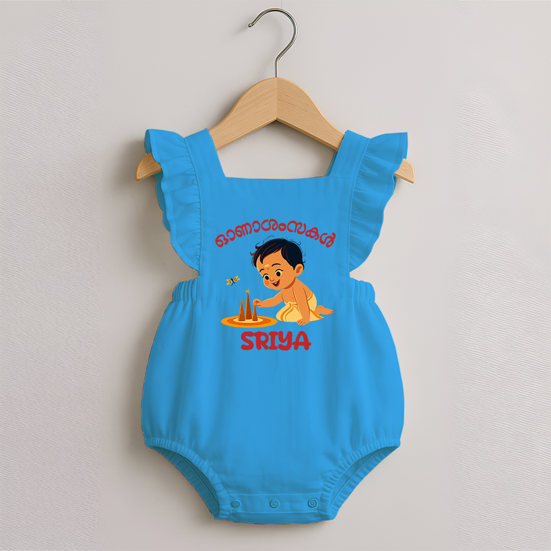 Onam Wishes - Little One's First Onam Romper Frock | Personalized Baby Romper Frock for the Onam Festival - SKY BLUE - 0 - 3 Months Old (Chest 19")