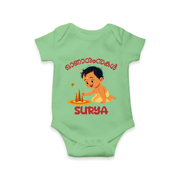 Onam Wishes - Little One's First Onam Romper / Onesie | Personalized Baby Romper / Onesie for the Onam Festival - GREEN - New Born (Chest 14")