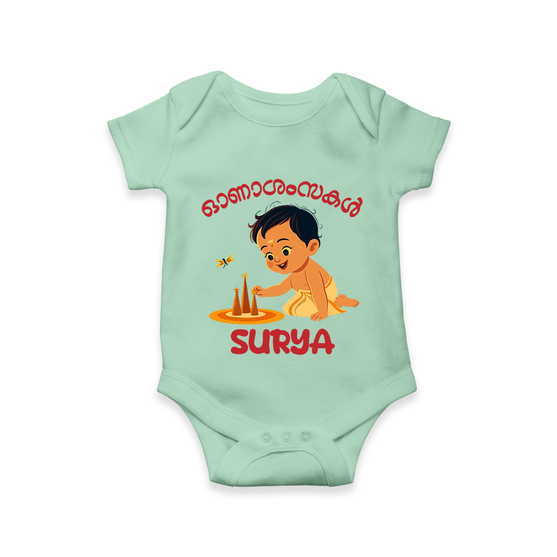 Onam Wishes - Little One's First Onam Romper / Onesie | Personalized Baby Romper / Onesie for the Onam Festival - MINT GREEN - New Born (Chest 14")