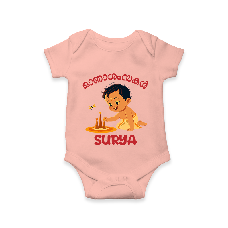 Onam Wishes - Little One's First Onam Romper / Onesie | Personalized Baby Romper / Onesie for the Onam Festival - PEACH - New Born (Chest 14")