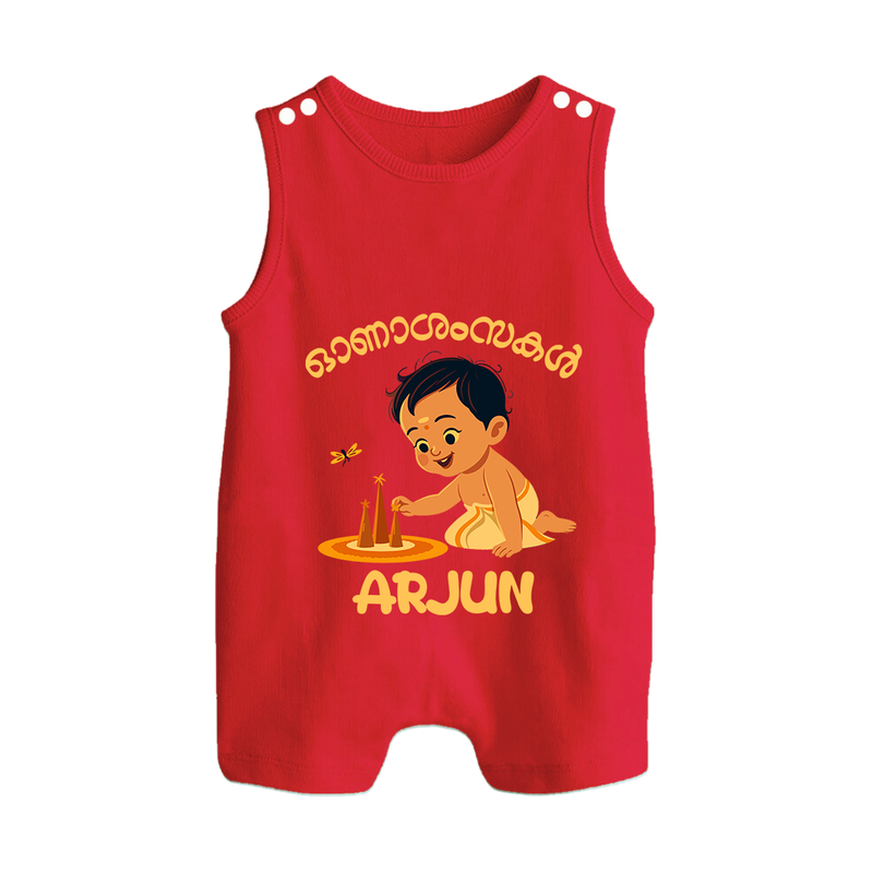 Onam Wishes - Little One's First Onam Romper Suit | Personalized Baby Romper Suit for the Onam Festival - RED - 0 - 5 Months Old (Chest 18")