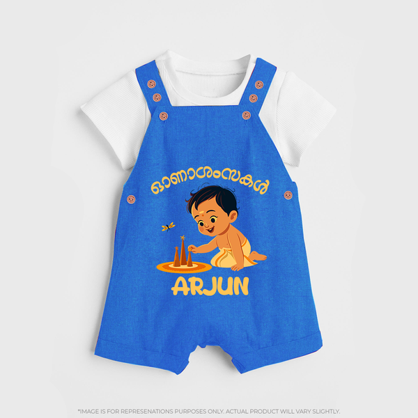 Onam Wishes - Little One's First Onam Dungaree Set | Personalized Baby Dungaree Set for the Onam Festival - COBALT BLUE - 0 - 5 Months Old (Chest 18")