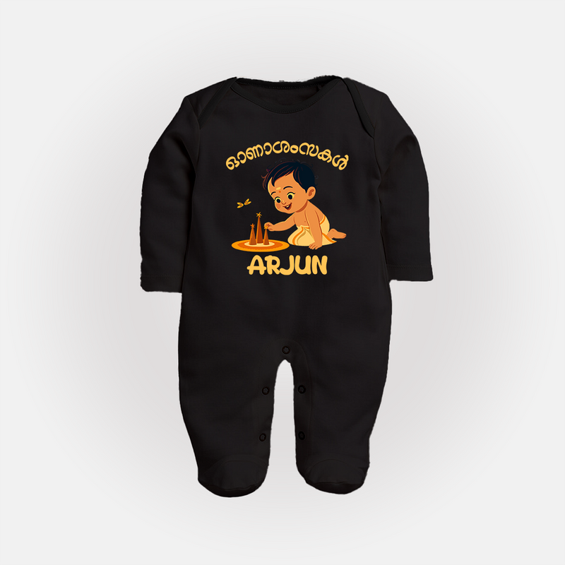 Onam Wishes - Little One's First Onam Sleep Suit | Personalized Baby Sleep Suit for the Onam Festival - BLACK - New Born (Chest 7.5")