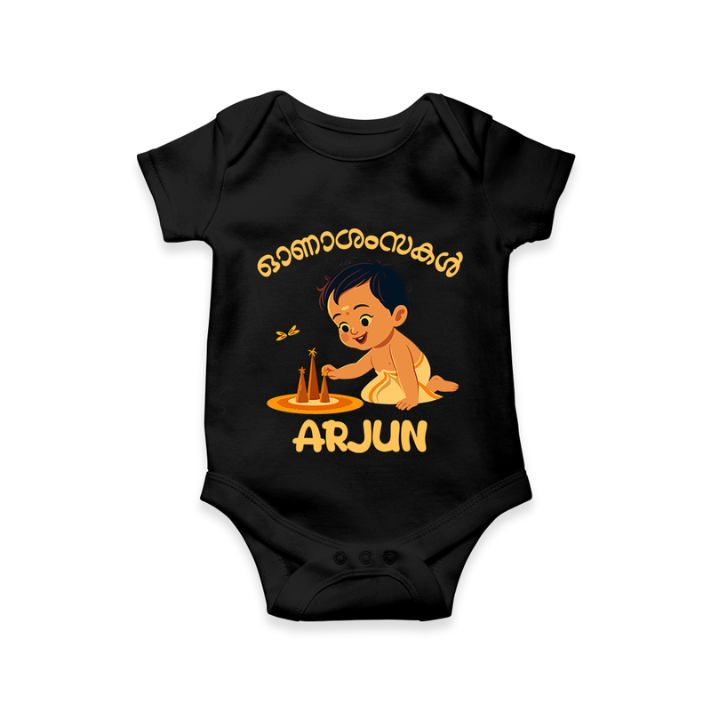 Onam Wishes - Little One's First Onam Romper / Onesie | Personalized Baby Romper / Onesie for the Onam Festival - BLACK - New Born (Chest 14")