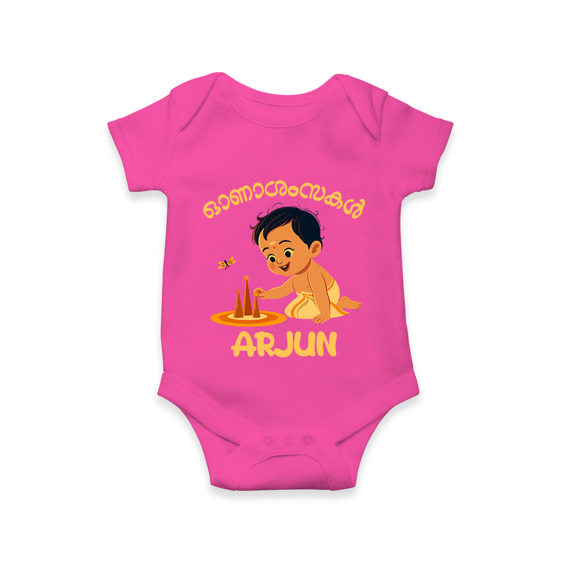 Onam Wishes - Little One's First Onam Romper / Onesie | Personalized Baby Romper / Onesie for the Onam Festival - HOT PINK - New Born (Chest 14")