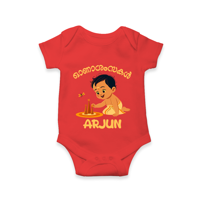 Onam Wishes - Little One's First Onam Romper / Onesie | Personalized Baby Romper / Onesie for the Onam Festival - RED - New Born (Chest 14")