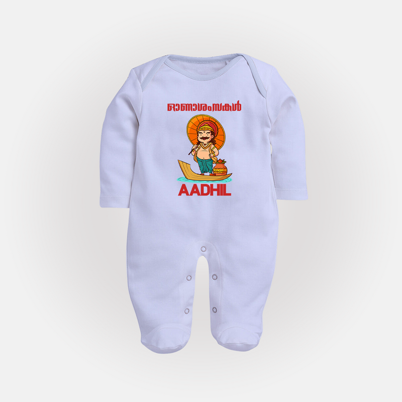 Onam Wishes Special Edition Sleep Suit | Custom Baby Sleep Suit for Onam - BABY BLUE - New Born (Chest 7.5")
