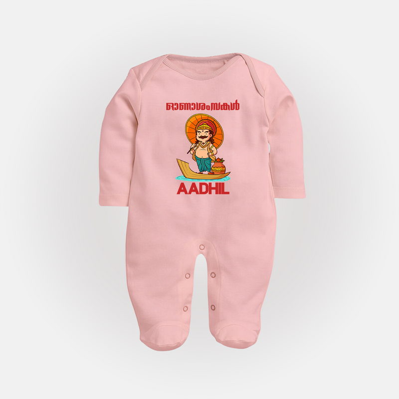 Onam Wishes Special Edition Sleep Suit | Custom Baby Sleep Suit for Onam - BABY PINK - New Born (Chest 7.5")