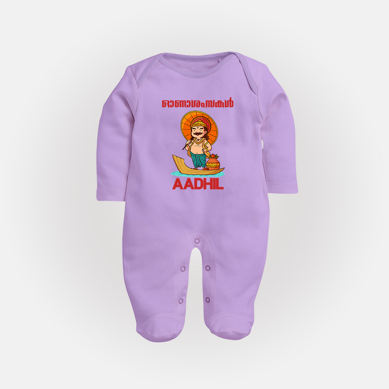 Onam Wishes Special Edition Sleep Suit | Custom Baby Sleep Suit for Onam - LILAC - New Born (Chest 7.5")