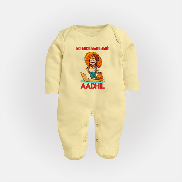 Onam Wishes Special Edition Sleep Suit | Custom Baby Sleep Suit for Onam - PASTEL YELLOW - New Born (Chest 7.5")