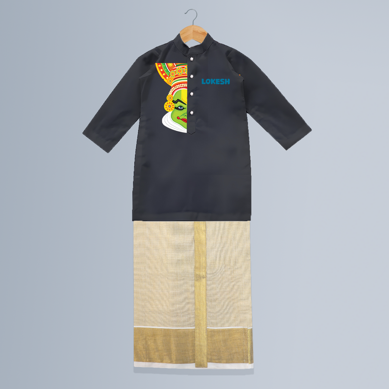 Kathakali Vibes - Customized Kurta And Mundu For Kids - DARK GREY - 0-6 Month Old (Chest 24", Kurta Length 14", Dhoti Length 14")