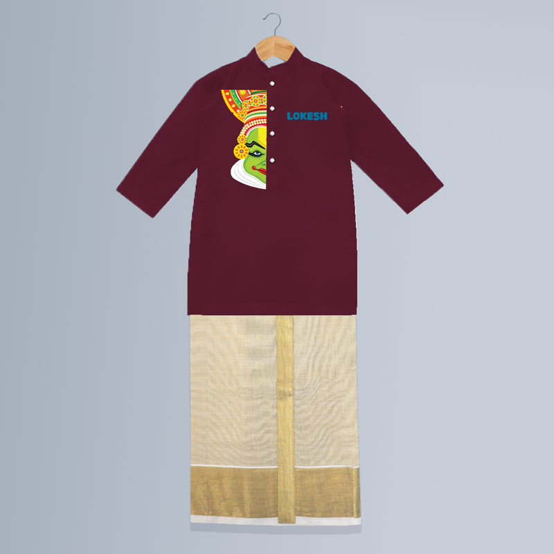 Kathakali Vibes - Customized Kurta And Mundu For Kids - MAROON - 0-6 Month Old (Chest 24", Kurta Length 14", Dhoti Length 14")