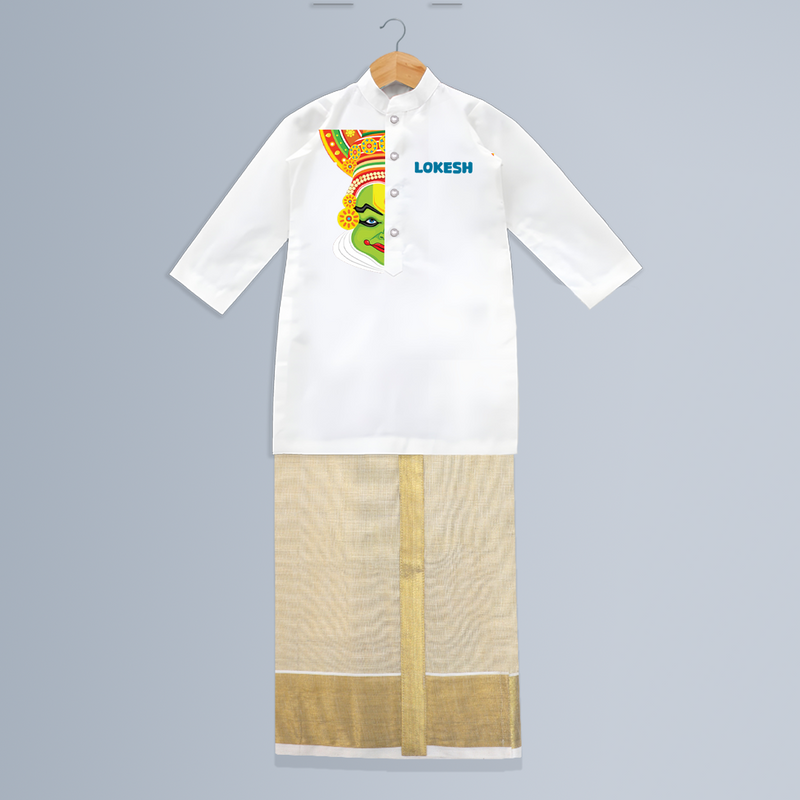 Kathakali Vibes - Customized Kurta And Mundu For Kids - WHITE - 0-6 Month Old (Chest 24", Kurta Length 14", Dhoti Length 14")