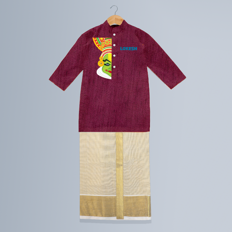 Kathakali Vibes - Customized Kurta And Mundu For Kids - WINE - 0-6 Month Old (Chest 24", Kurta Length 14", Dhoti Length 14")