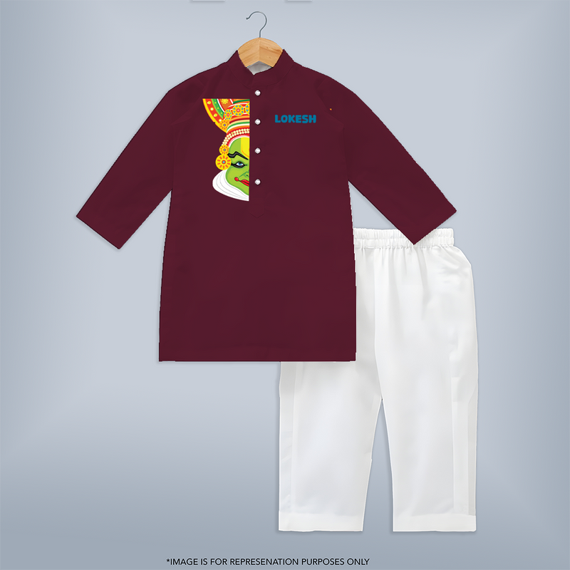 Kathakali Vibes - Customized Kurta Set For Kids - MAROON - 3-6 Month Old (Chest 24", Kurta Length 14'', Waist 19", Pant Length 14")