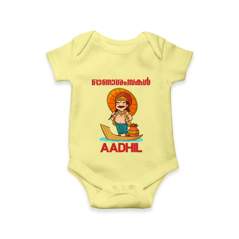 Onam Wishes Special Edition Romper / Onesie | Custom Baby Romper / Onesie for Onam - PASTEL YELLOW - New Born (Chest 14")