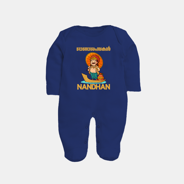 Onam Wishes Special Edition Sleep Suit | Custom Baby Sleep Suit for Onam - NAVY BLUE - New Born (Chest 7.5")