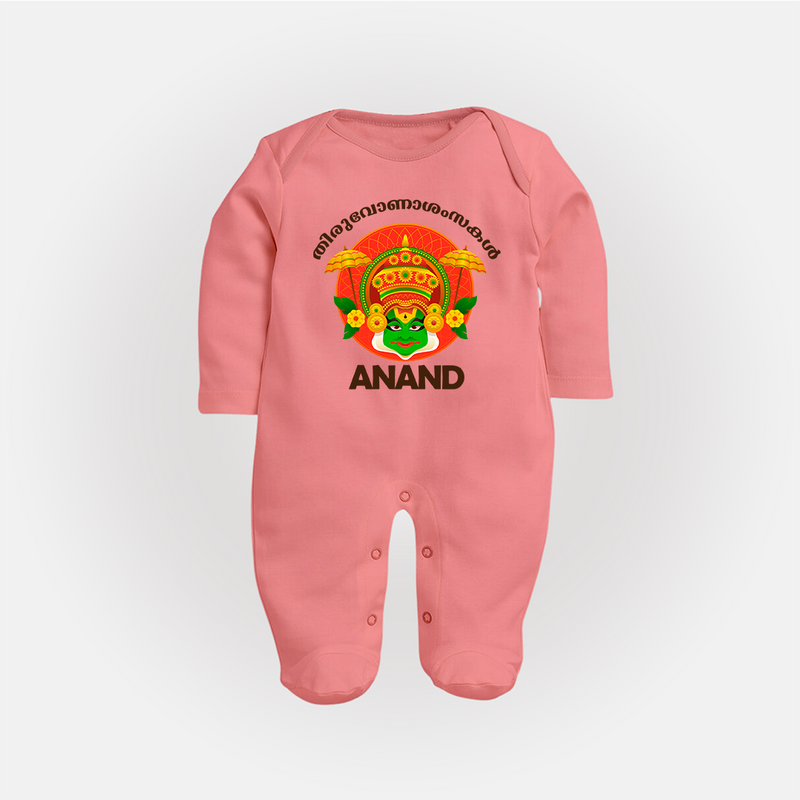 Thiruvonam Wishes Sleep Suit | Custom Baby Sleep Suit for Thiruvonam Celebration - PEACH - New Born (Chest 7.5")
