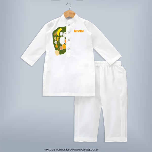 Celebrate Onam With Onam Sadhya - Customized Kurta Set For Kids - WHITE - 3-6 Month Old (Chest 24", Kurta Length 14'', Waist 19", Pant Length 14")