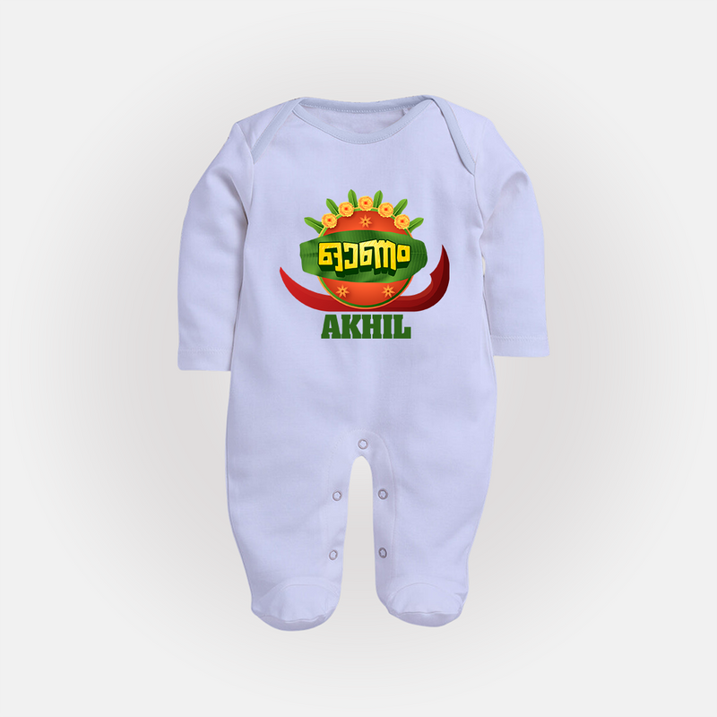 Happy Onam Wishes Sleep Suit | Personalized Baby Sleep Suit for Onam Festival - BABY BLUE - New Born (Chest 7.5")