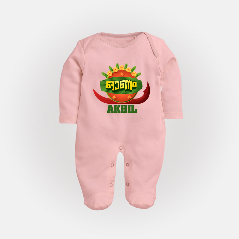 Happy Onam Wishes Sleep Suit | Personalized Baby Sleep Suit for Onam Festival - BABY PINK - New Born (Chest 7.5")