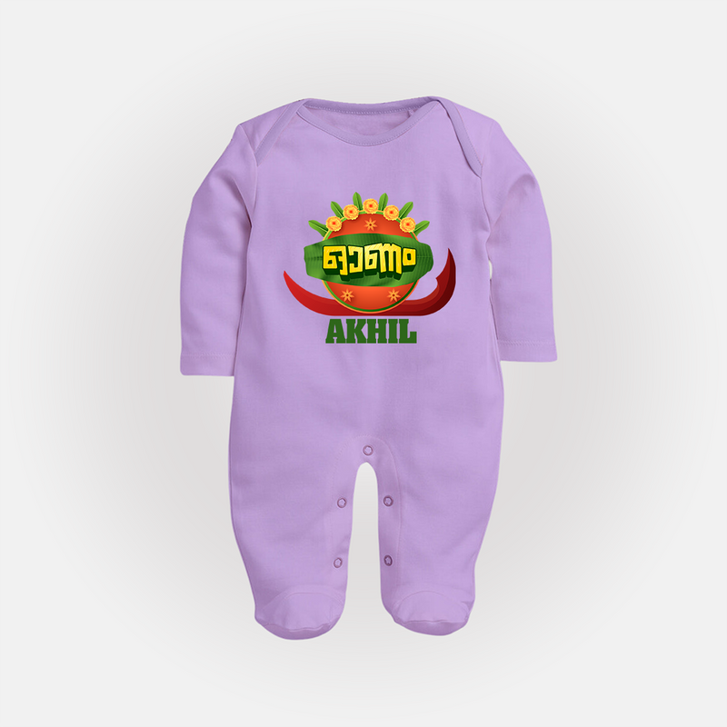 Happy Onam Wishes Sleep Suit | Personalized Baby Sleep Suit for Onam Festival - LILAC - New Born (Chest 7.5")