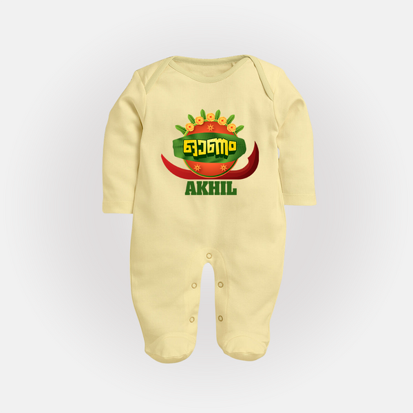 Happy Onam Wishes Sleep Suit | Personalized Baby Sleep Suit for Onam Festival - PASTEL YELLOW - New Born (Chest 7.5")