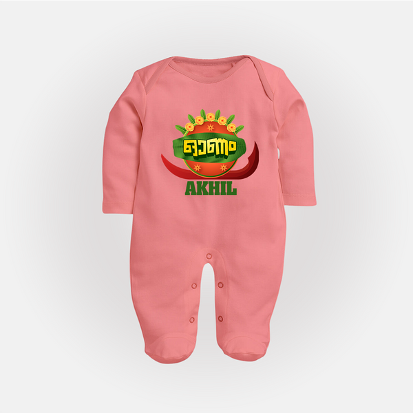 Happy Onam Wishes Sleep Suit | Personalized Baby Sleep Suit for Onam Festival - PEACH - New Born (Chest 7.5")