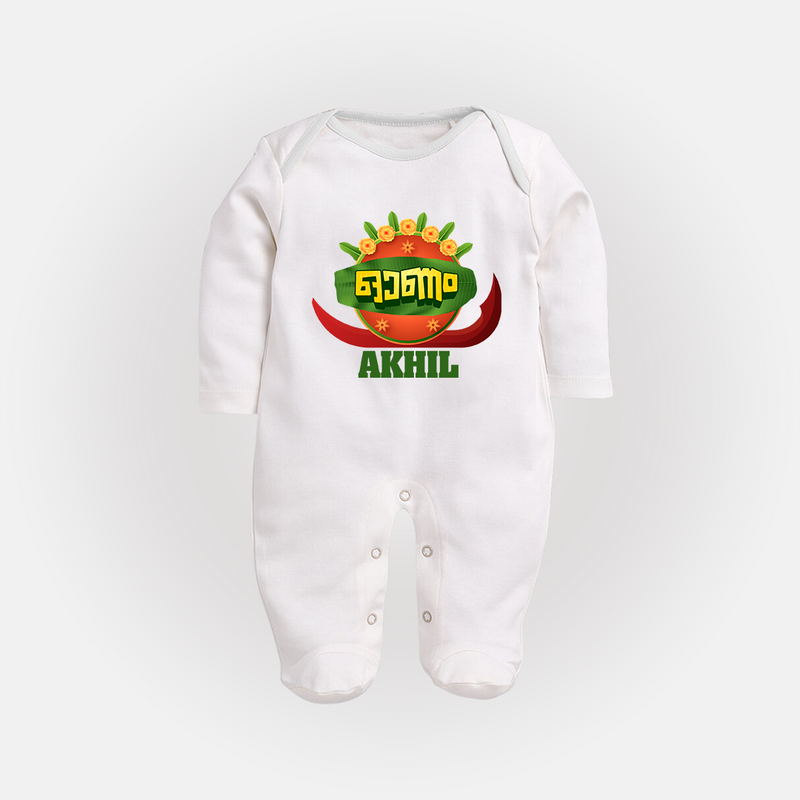 Happy Onam Wishes Sleep Suit | Personalized Baby Sleep Suit for Onam Festival - WHITE - New Born (Chest 7.5")
