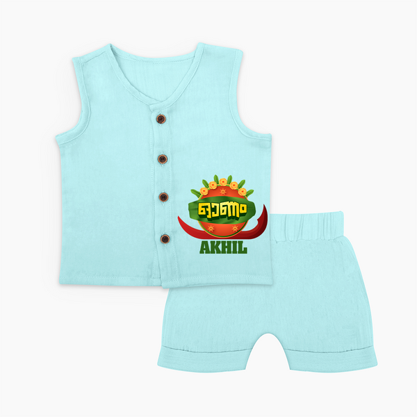 Happy Onam Wishes Jabla Set | Personalized Baby Jabla Set for Onam Festival - BABY BLUE - 0 - 3 Months Old (Chest 9.8")
