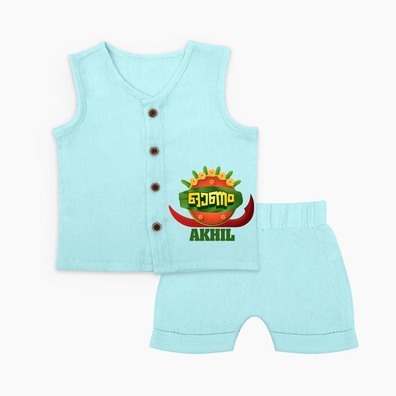 Happy Onam Wishes Jabla Set | Personalized Baby Jabla Set for Onam Festival - BABY BLUE - 0 - 3 Months Old (Chest 9.8")