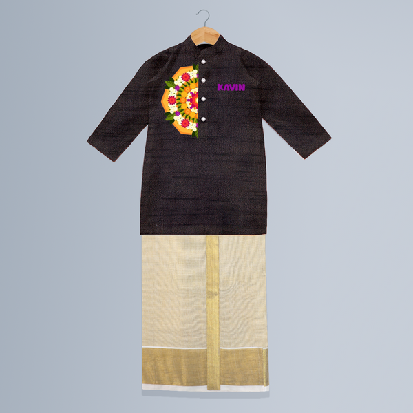 Celebrate Onam With Pookkaalam - Customized Kurta And Mundu For Kids - COFFEE - 0-6 Month Old (Chest 24", Kurta Length 14", Dhoti Length 14")