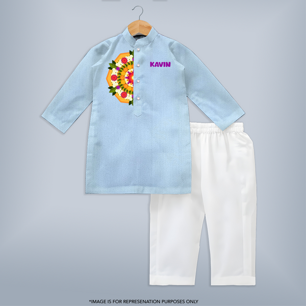 Celebrate Onam With Pookkaalam - Customized Kurta Set For Kids - SKY BLUE - 3-6 Month Old (Chest 24", Kurta Length 14'', Waist 19", Pant Length 14")