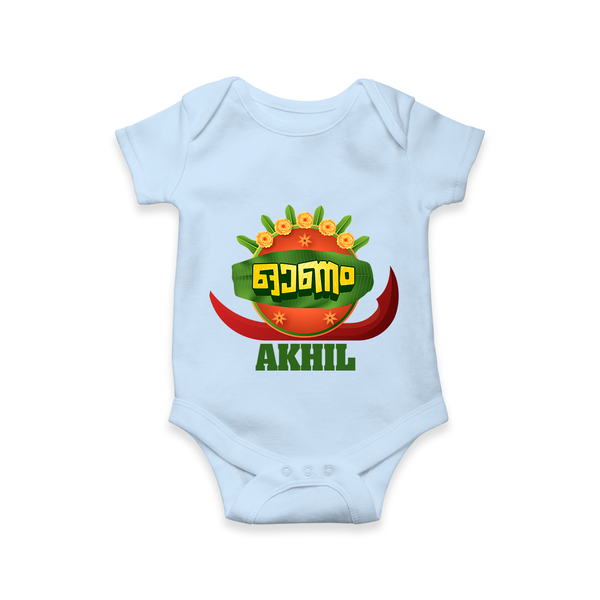 Happy Onam Wishes Romper / Onesie | Personalized Baby Romper / Onesie for Onam Festival - BABY BLUE - New Born (Chest 14")
