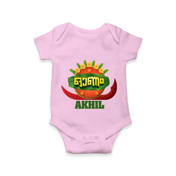 Happy Onam Wishes Romper / Onesie | Personalized Baby Romper / Onesie for Onam Festival - BABY PINK - New Born (Chest 14")