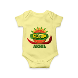 Happy Onam Wishes Romper / Onesie | Personalized Baby Romper / Onesie for Onam Festival - PASTEL YELLOW - New Born (Chest 14")