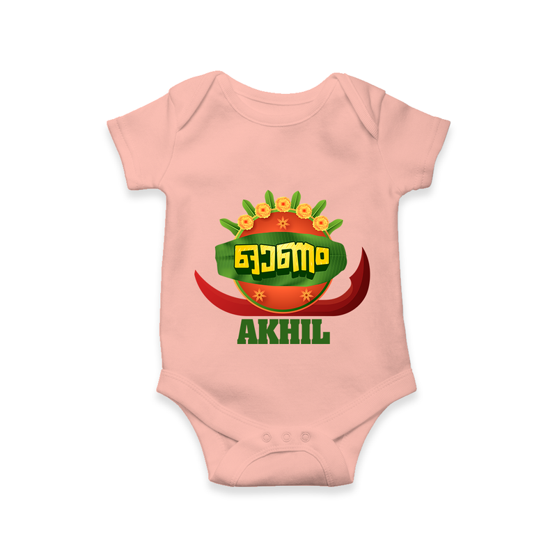 Happy Onam Wishes Romper / Onesie | Personalized Baby Romper / Onesie for Onam Festival - PEACH - New Born (Chest 14")