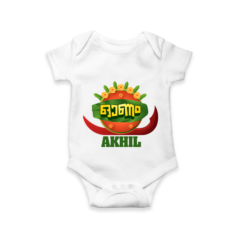 Happy Onam Wishes Romper / Onesie | Personalized Baby Romper / Onesie for Onam Festival - WHITE - New Born (Chest 14")