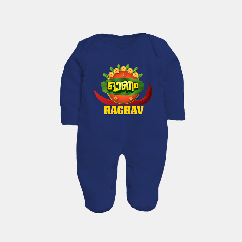 Happy Onam Wishes Sleep Suit | Personalized Baby Sleep Suit for Onam Festival - NAVY BLUE - New Born (Chest 7.5")